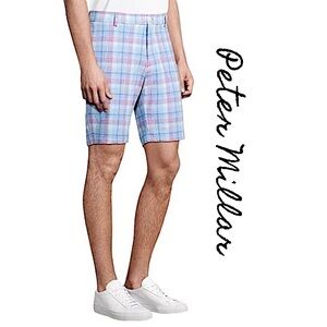 NWT! Peter Millar Marina Blue Plaid Matlock Seersucker Performance Shorts Sz 36